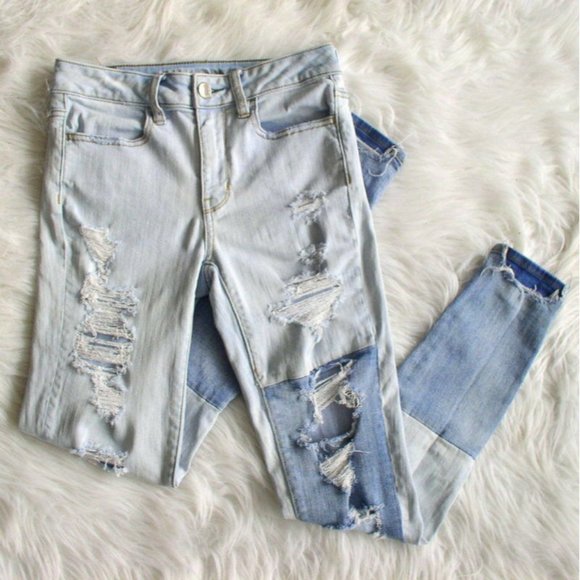 AE - Hi Rise Distressed Jeggings Two Tone Denim - Picture 2 of 10